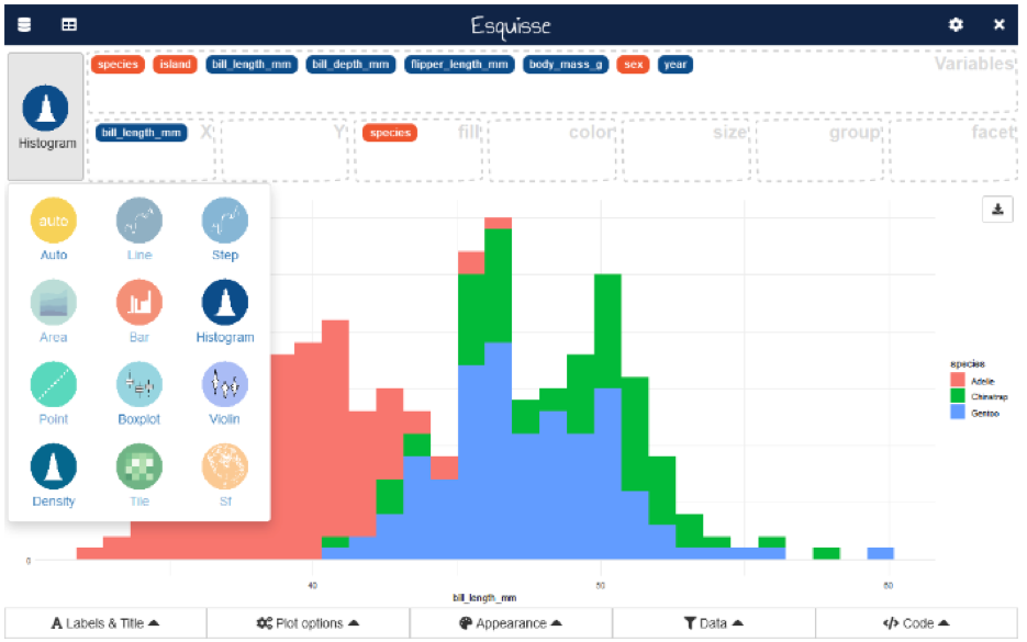 User interface of the `esquisse` tool