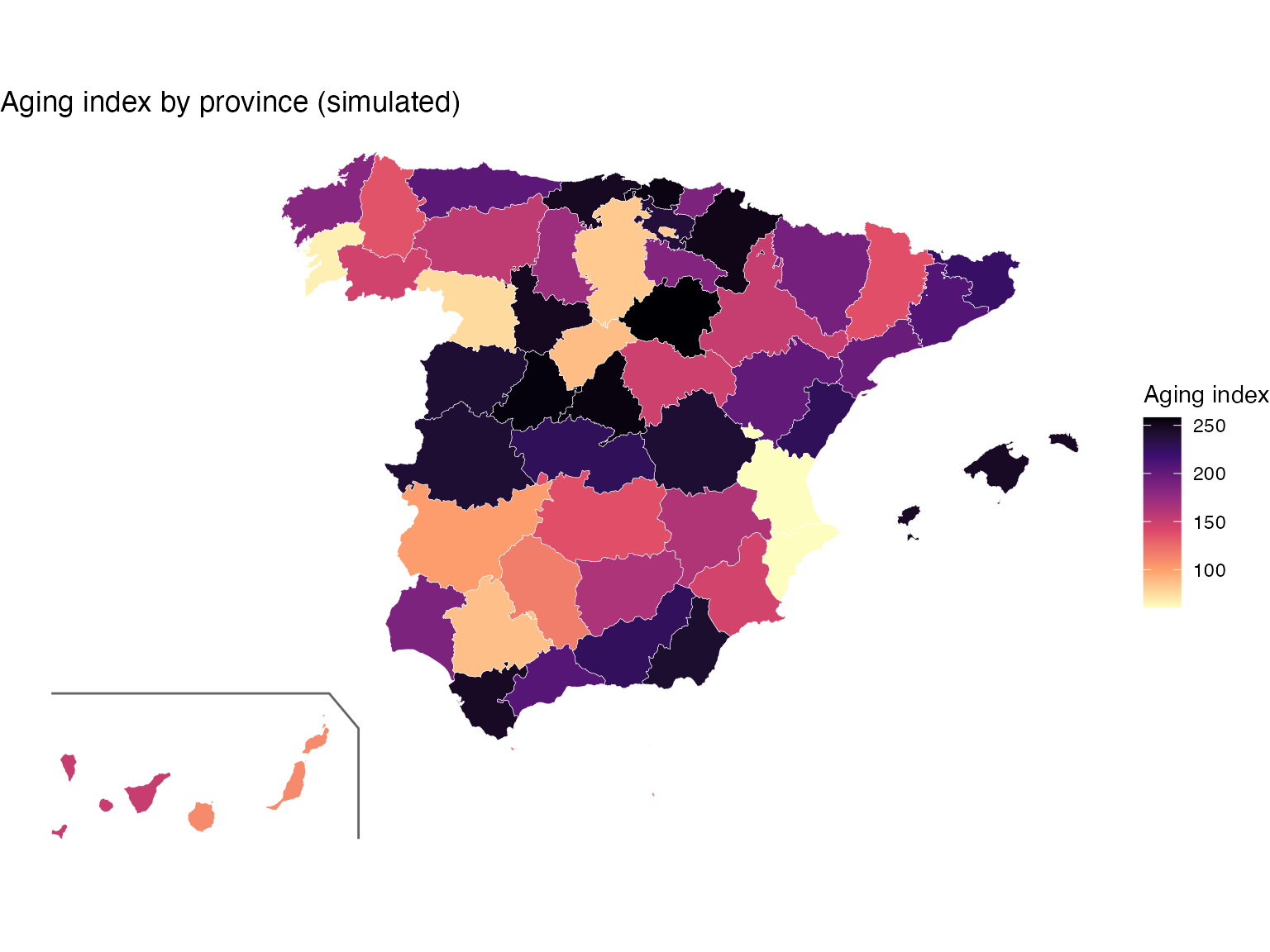 Aging index by province (simulated values, real mapSpain geometry)